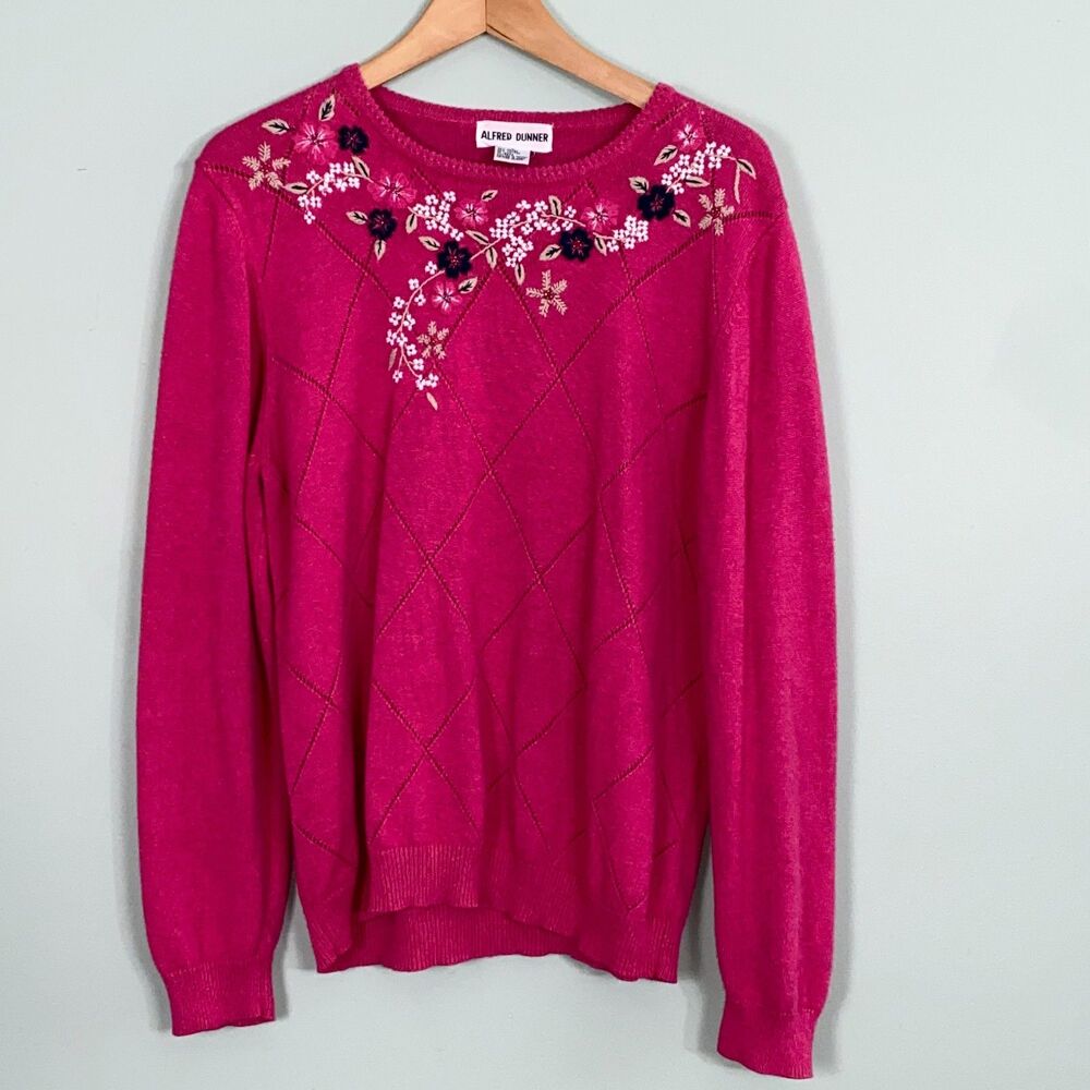 Alfred Dunner Beaded Floral Sweater Womens Large Ramie Cotton Grandmacore